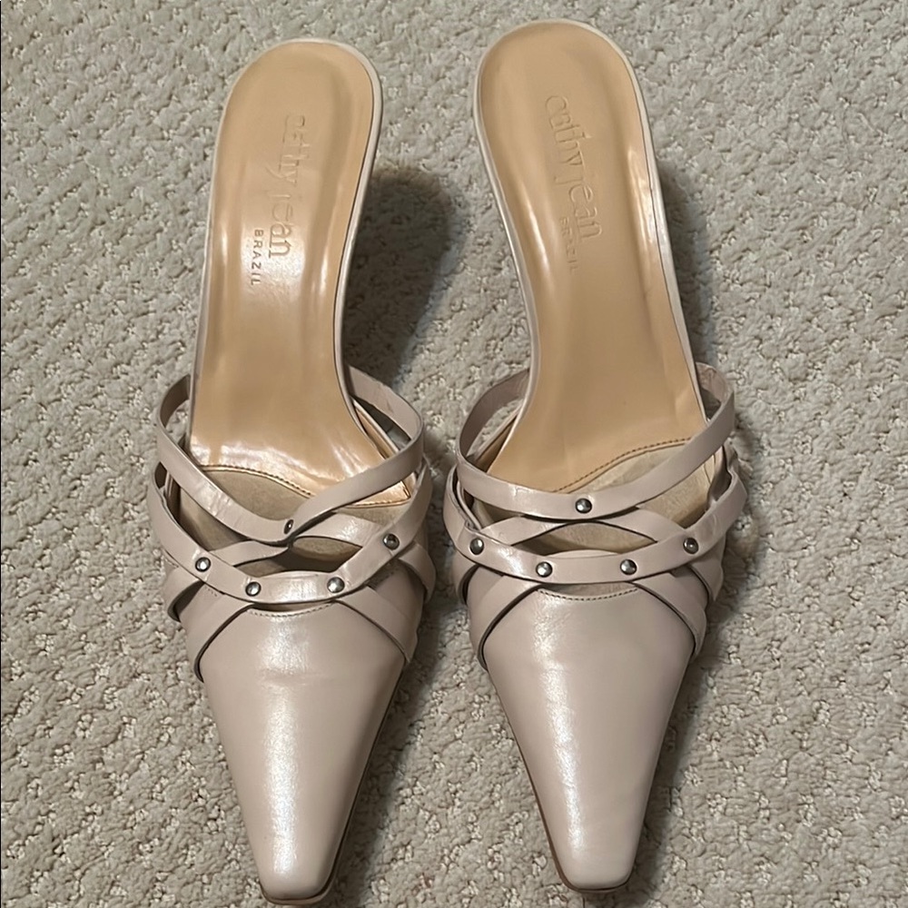 Cathy Jean Cream Mules with Strappy Design